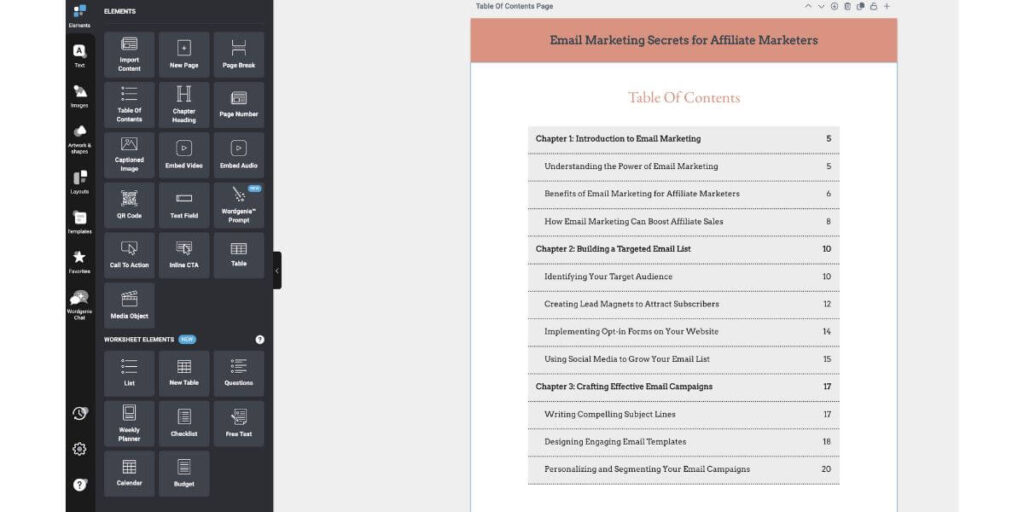 Table of contents in Designrr