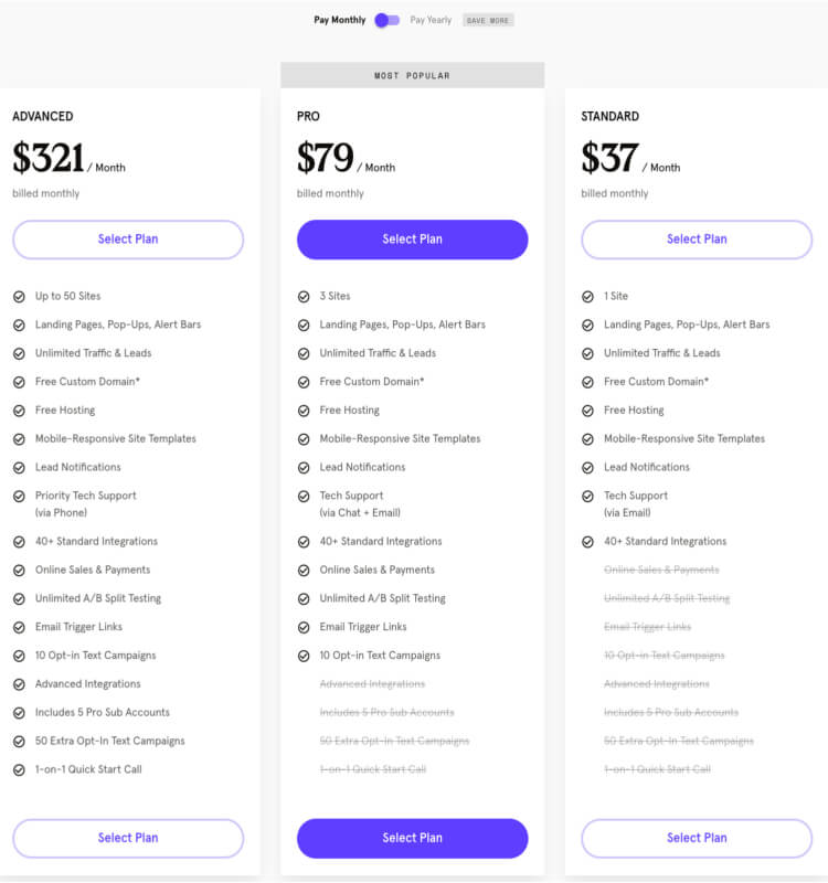 The LeadPages pricing table