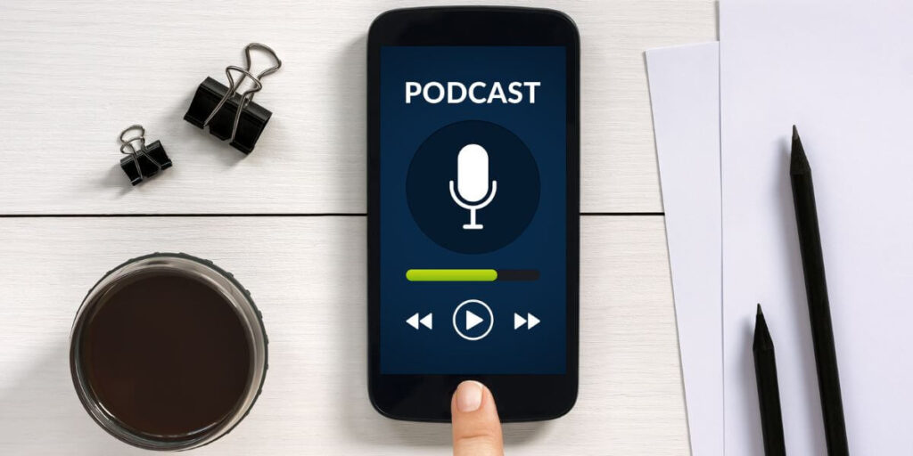 A Person listening to a podcast on their phone