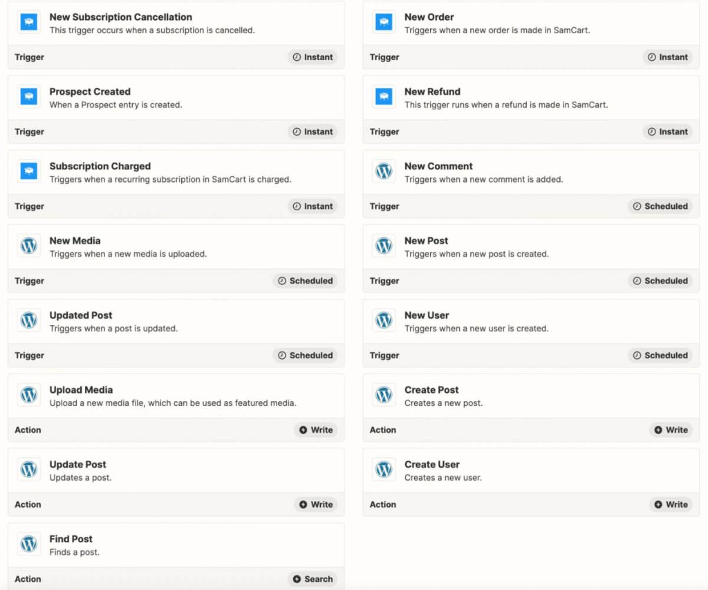 The SamCart and WordPress Zapier triggers