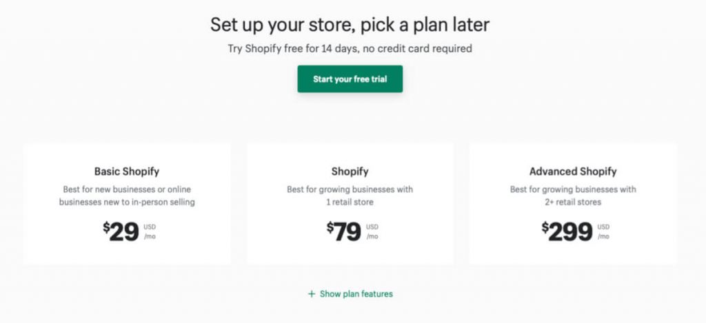 Shopify pricing list