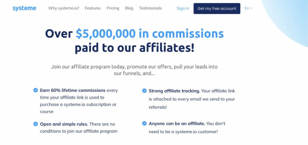 Systeme io affiliate page
