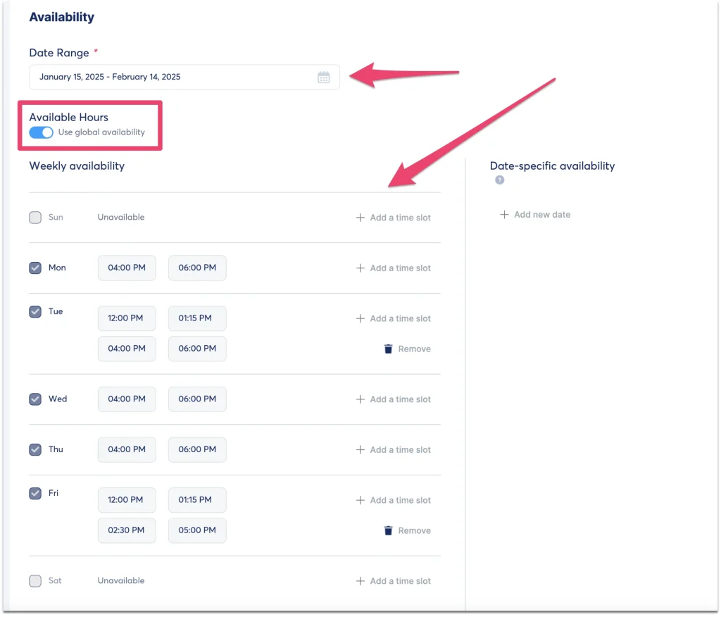set up availability for the calendar event Event availability for this booking